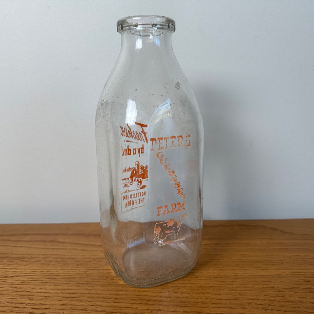 Vintage Peters Guernsey Farm One‎ Quart Duraglas Milk Bottle Orange Pyroglaze